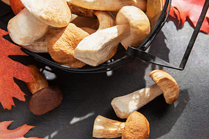 Porcini mushrooms in basket with autumn leaves, a Food & Drink Photo by Olena Rudo