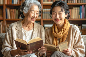 Older and younger women with joyful expression sitting together, a Person Photo by DanFLCreativo