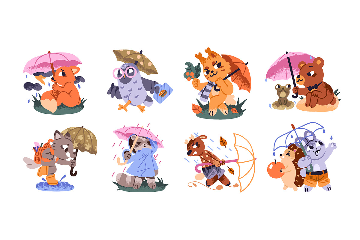 Animals with umbrella under rain set, an Animal Illustration by PaperTrident (Photo 1 of 9)