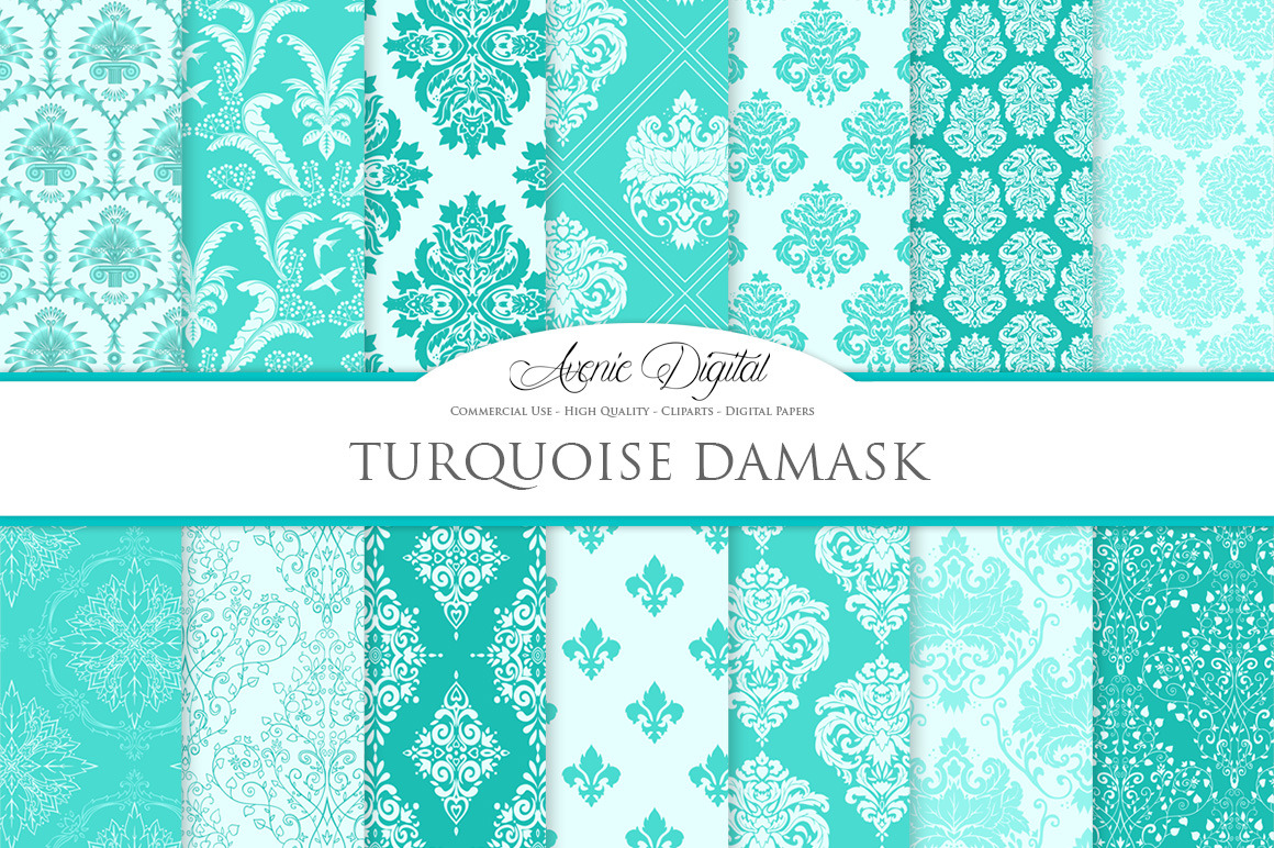 28 Turquoise Damask Digital Paper, a Pattern Graphic by Avenie Digital