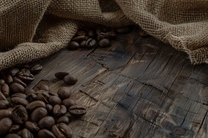 Sackcloth with heap of coffee beans on wooden table, a Food & Drink Photo by AlyaAnd