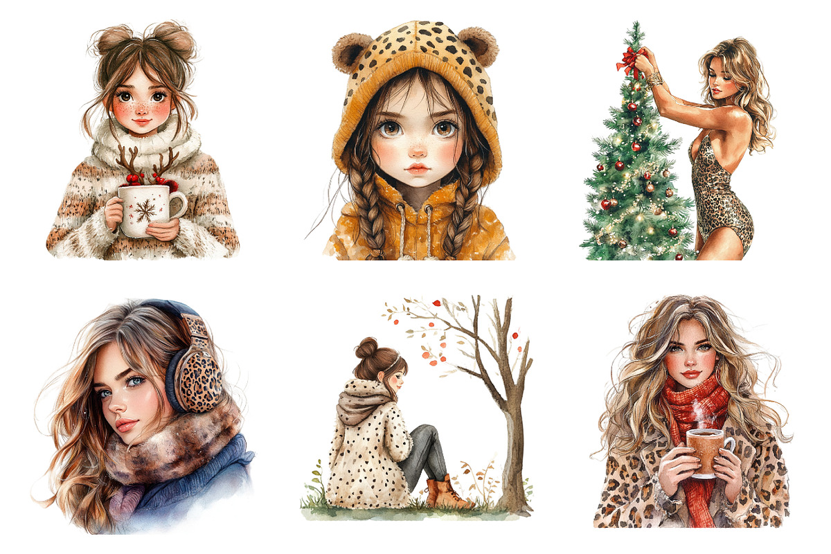 Leopard Girl Christmas Girly Clipart, an Illustration by SinaCreation (Photo 2 of 7)