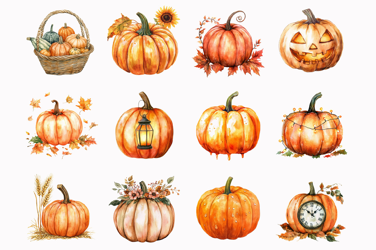 Watercolor Autumn Pumpkin Clipart, an Illustration by Design Market (Photo 3 of 4)