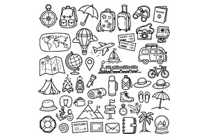 Set of travel outline doodle signs