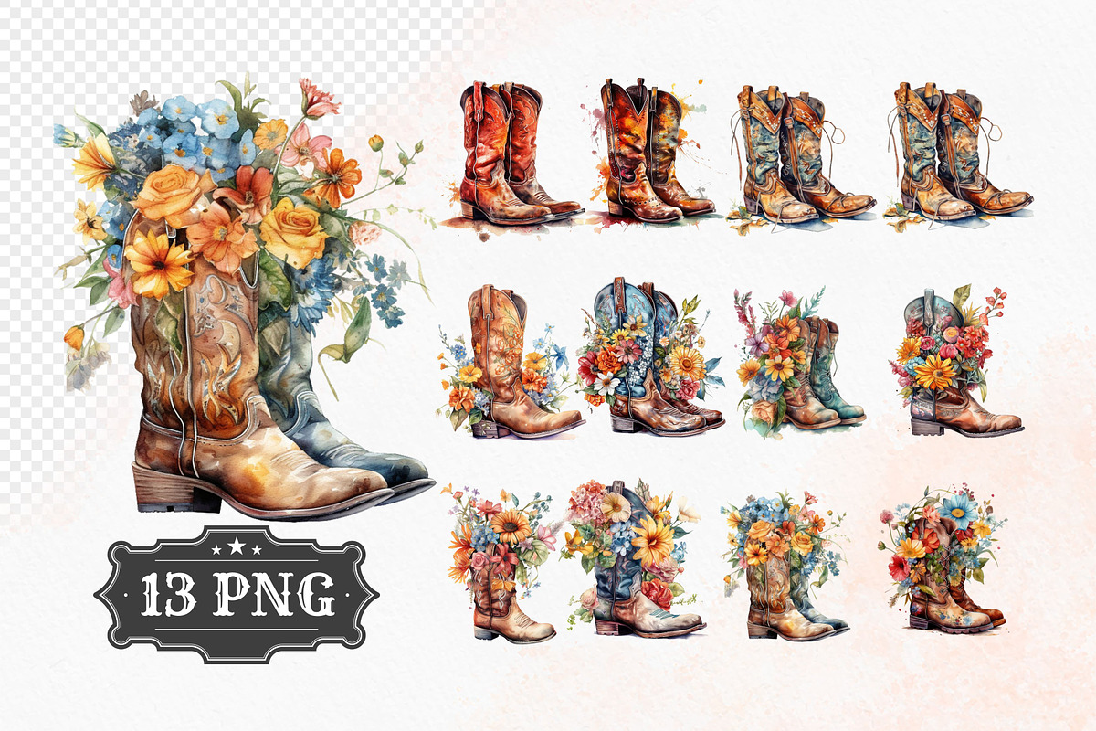 Western Flowers Boots Watercolor PNG, an Object Illustration by iloveTemplate (Photo 2 of 14)