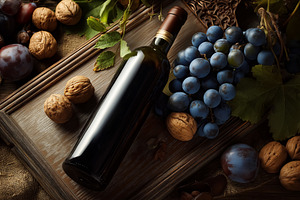 Bottle of red wine with fresh grapes, walnuts, and plums, autumn still life har, a Food & Drink Photo by Studio ANNA