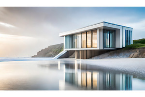 A modern beachfront house with large, an Architecture Photo by Igor Tichonow