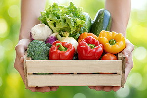 Farmer's hands holding crate full of different ripe vegetables, a Food & Drink Photo by AlyaAnd