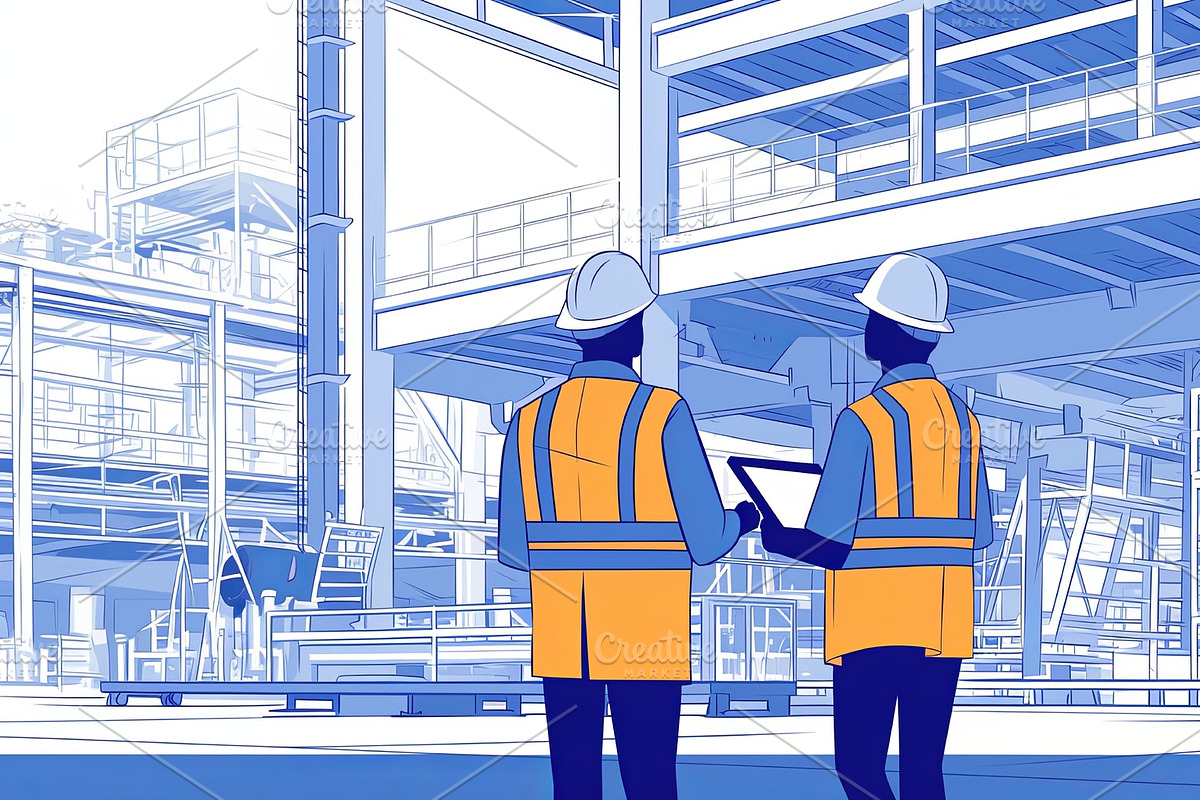 Two engineers inspecting a construction site with tablet collaboration, an Illustration by AS photostudio