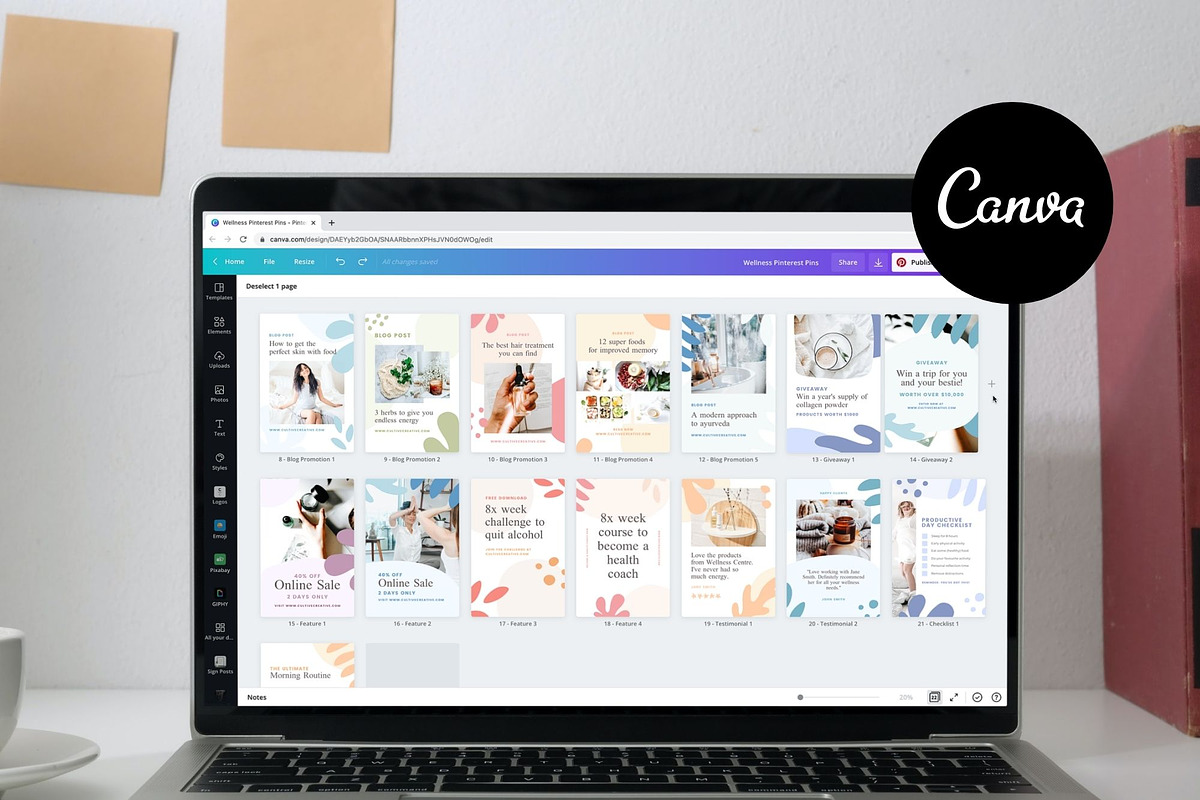 Wellness Pinterest Canva Templates, a Social Media Template by Cultive Creative (Photo 2 of 12)