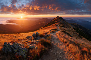 Majestic Sunrise Mountain Path Sceni, a Photo by Pixeness Studio