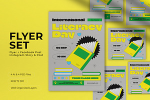 Neo Brutalism Literacy Day Flyer Set, a Flyer Template by graphicook