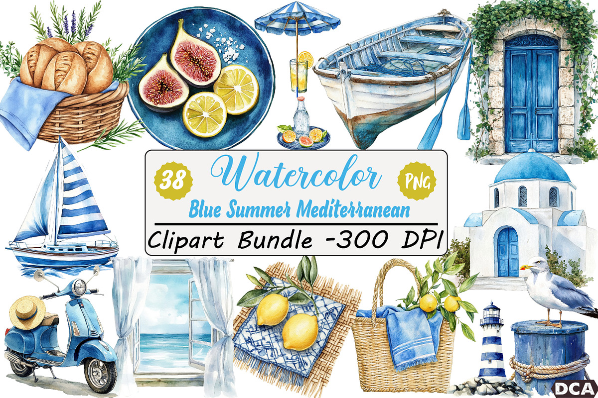 Blue Summer Mediterranean Clipart, an Illustration by DreamCafeArt (Photo 1 of 7)
