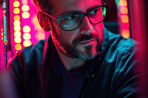 A man IT Evangelist with glasses and a beard is sitting in a dimly lit environm, a Person Photo by Textures & Backgrounds