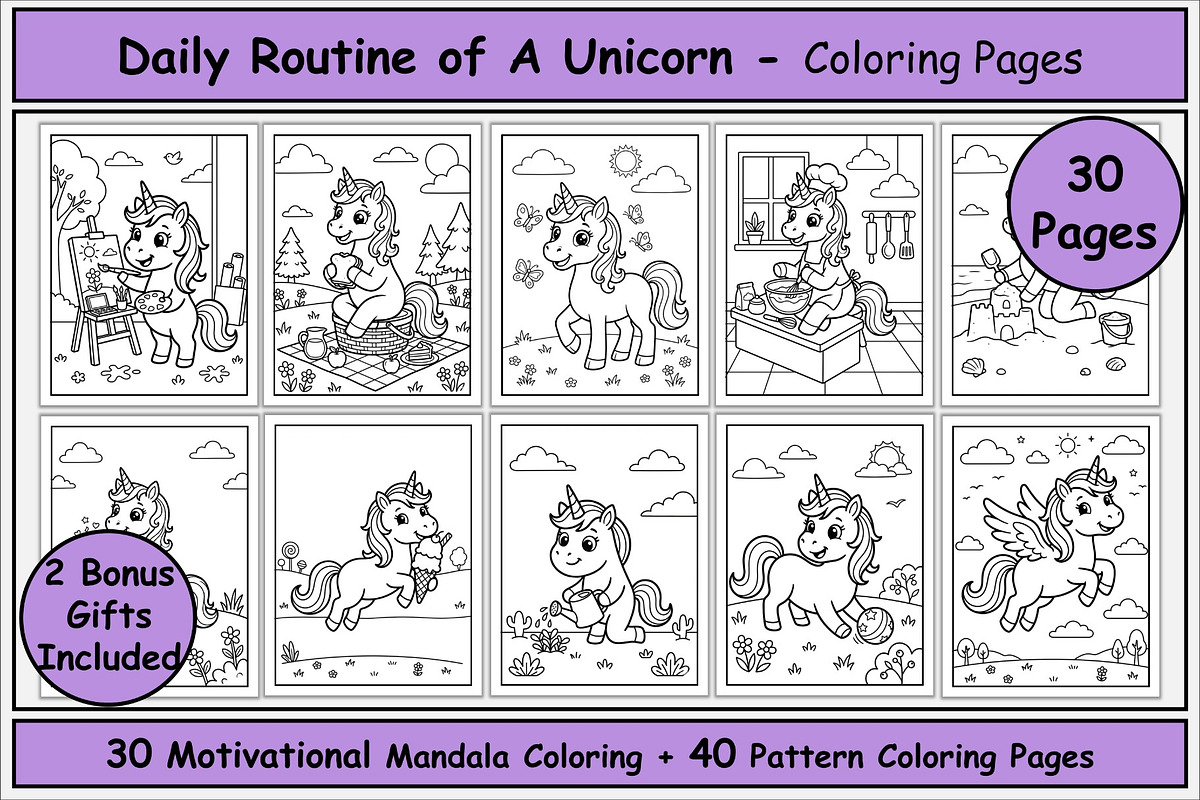 Unicorn Daily Routine Coloring Pages, an Animal Illustration by Lamia Emad (Photo 1 of 5)