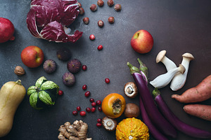Top view winter groceries, healthy vegetarian ingredients for co, a Food & Drink Photo by Asya Nurullina
