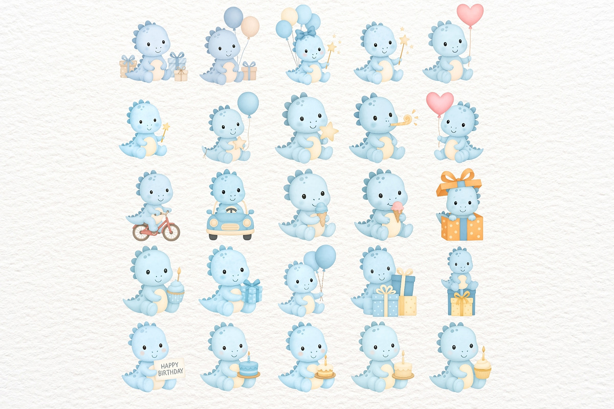 Blue Birthday Dino Clipart Set, an Illustration by Nicolle's Colorful Art (Photo 3 of 6)