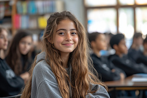 Girl smiling in classroom during les, a Photo by Tanuart