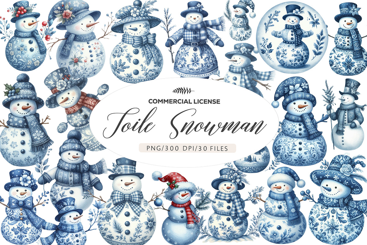 Christmas Blue Toile Snowman Clipart, an Illustration by CreationArt (Photo 1 of 6)