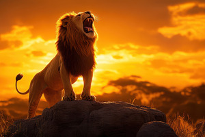 A magnificent lion standing atop roc, an Animal Photo by Pixeness Studio