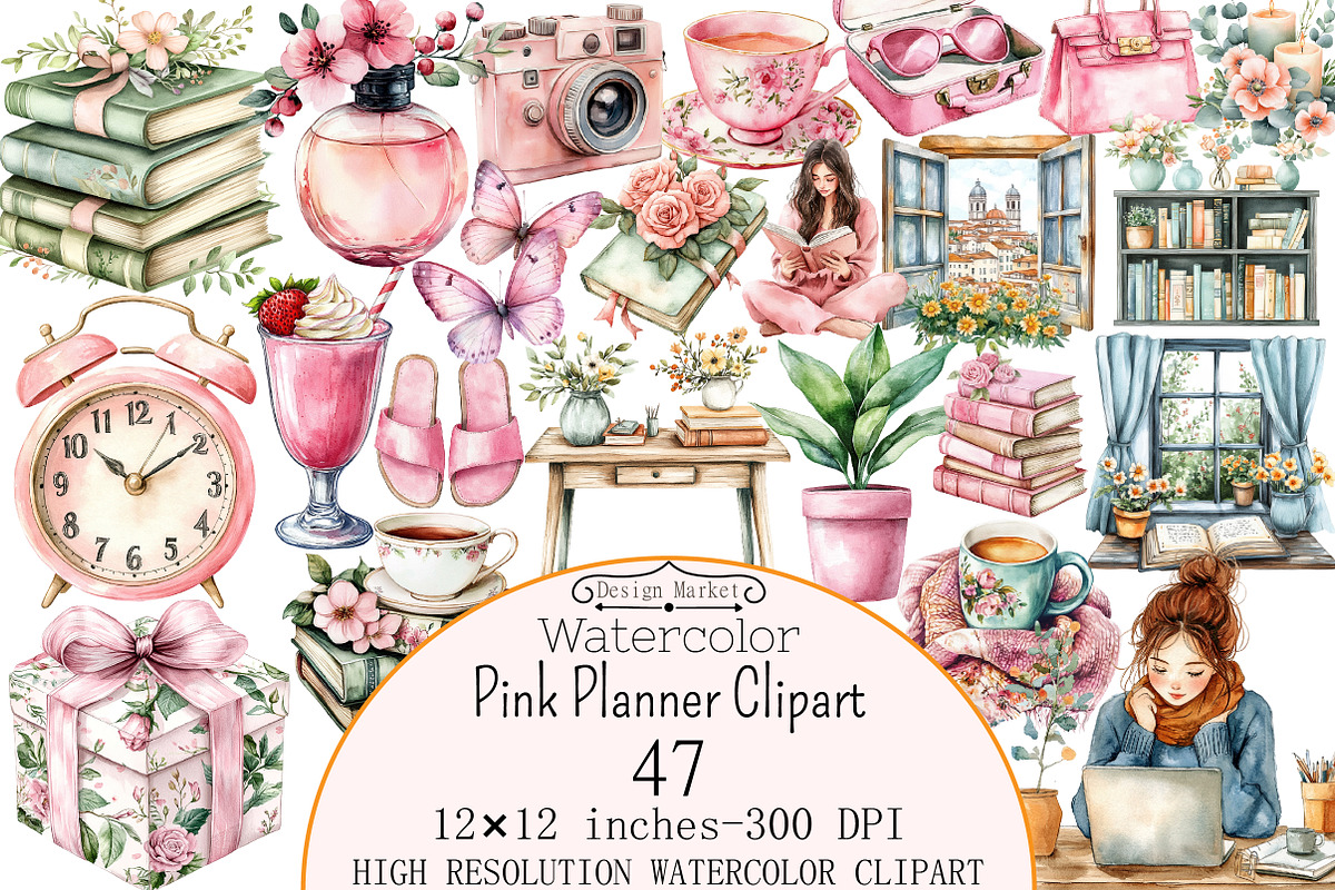 Watercolor Pink Planner Clipart, a Seasonal Illustration by Design Market (Photo 1 of 5)