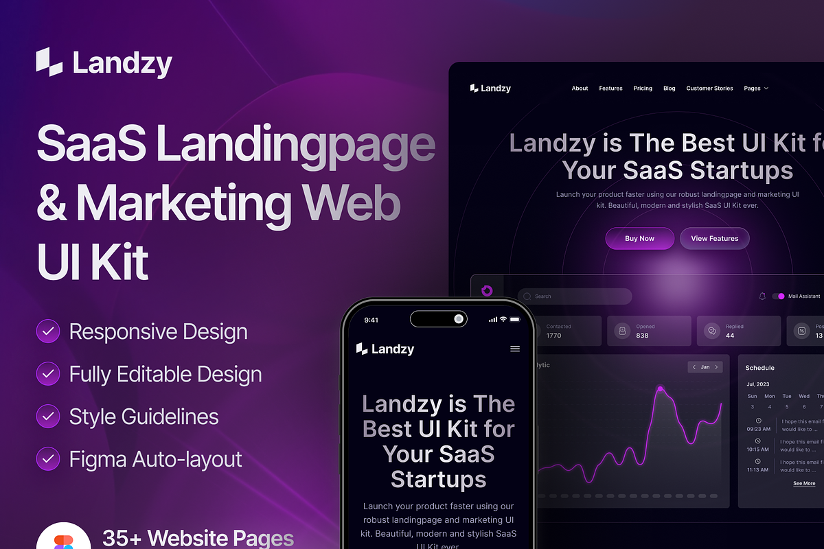 Landzy - SaaS Landing page UI Kit, an UI Kit Template by dhuhacreative (Photo 1 of 8)