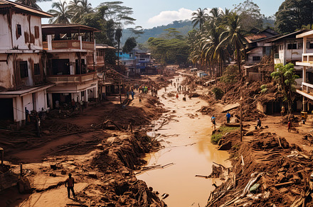 Flooding in an African country, with washed out roads, damaged houses and piles