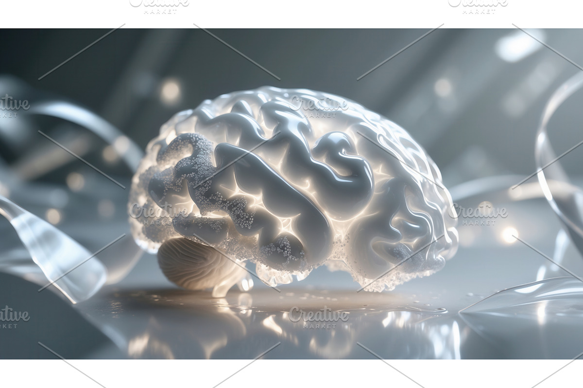 Glowing white brain model with, an Illustration by tilialucida