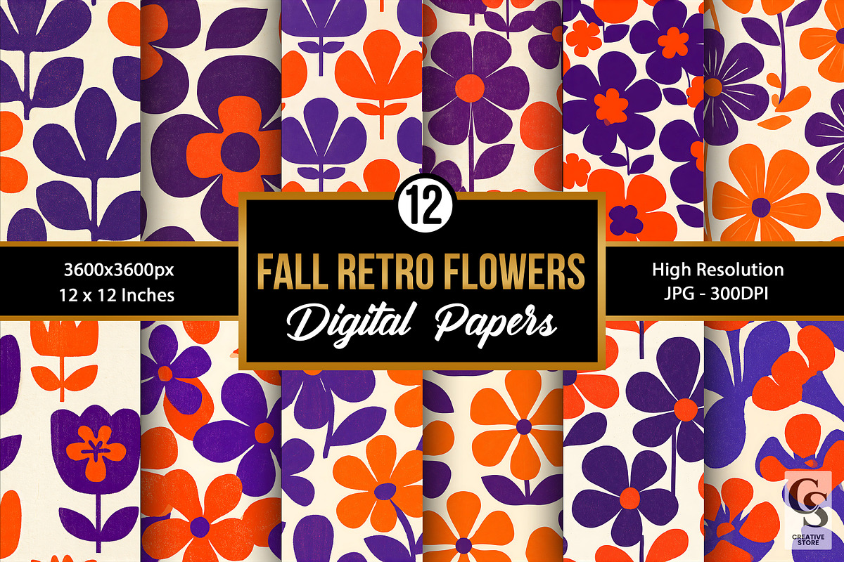 Bold Fall Retro Flower Digital Paper, a Pattern Graphic by Creative Store (Photo 1 of 5)