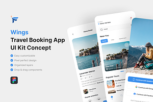 Wings - Travel Booking App UI Kit, an UI Kit Template by iDoodle Studio
