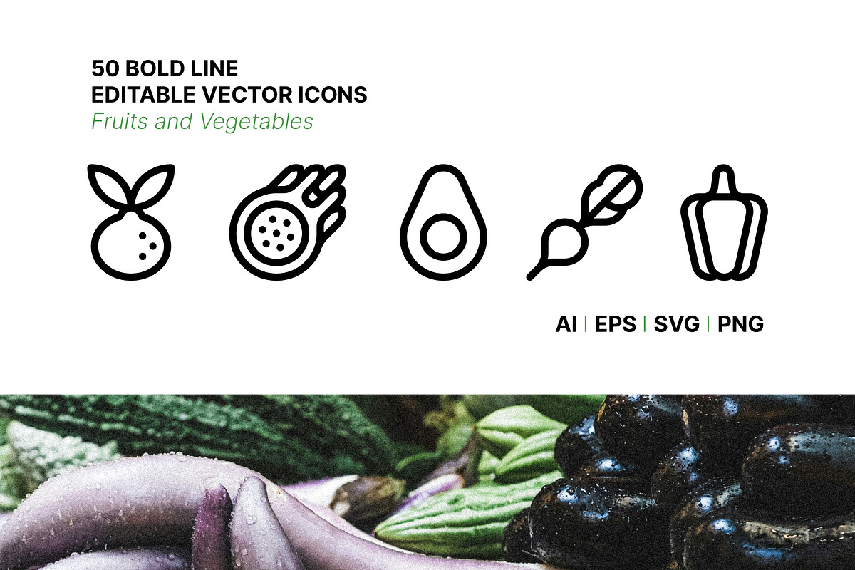 50 Fruit and Vegetable Icons, an Outline Icon by Side Project (Photo 1 of 7)