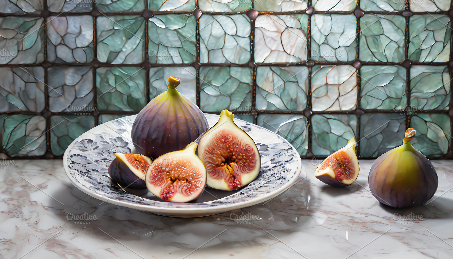 Plate of ripe sliced figs with glass backdrop, a Food & Drink Photo by Igor Tichonow