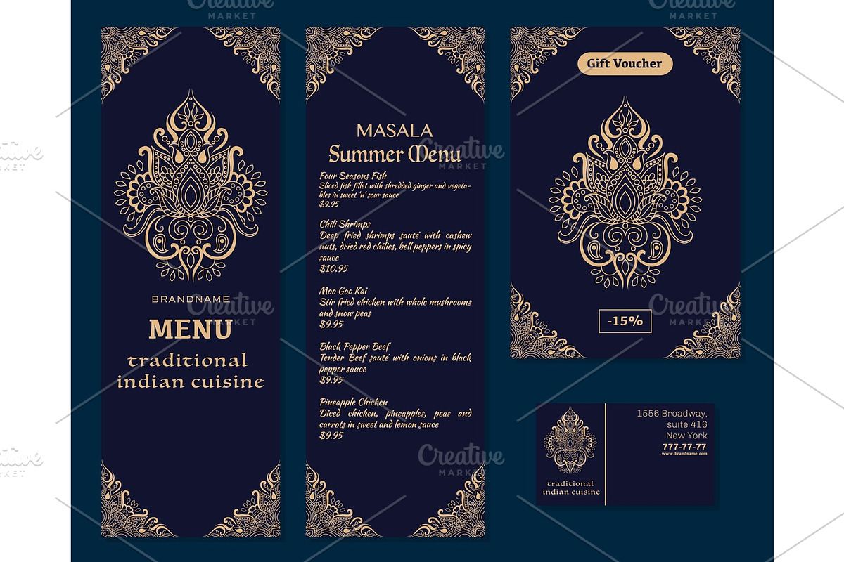 Vector illustration of a menu for a restaurant or cafe Indian oriental cuisine, business cards and vouchers. Hand-drawn gold pattern on a dark background. Logos Lotus flower., a Decorative Illustration by Della_Liner