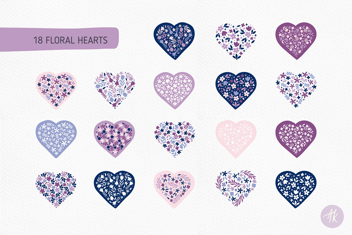 Floral Hearts Vector Clipart Set, an Object Graphic by Alena Koval (Photo 3 of 12)