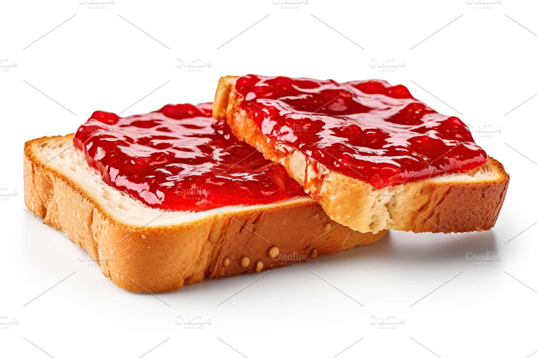 Toasted bread with sweet jam on white background, a Food & Drink Photo by AlyaAnd