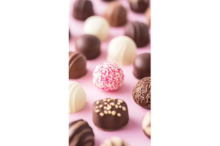 Assorted gourmet chocolates on pink, a Background Photo by Lermont51