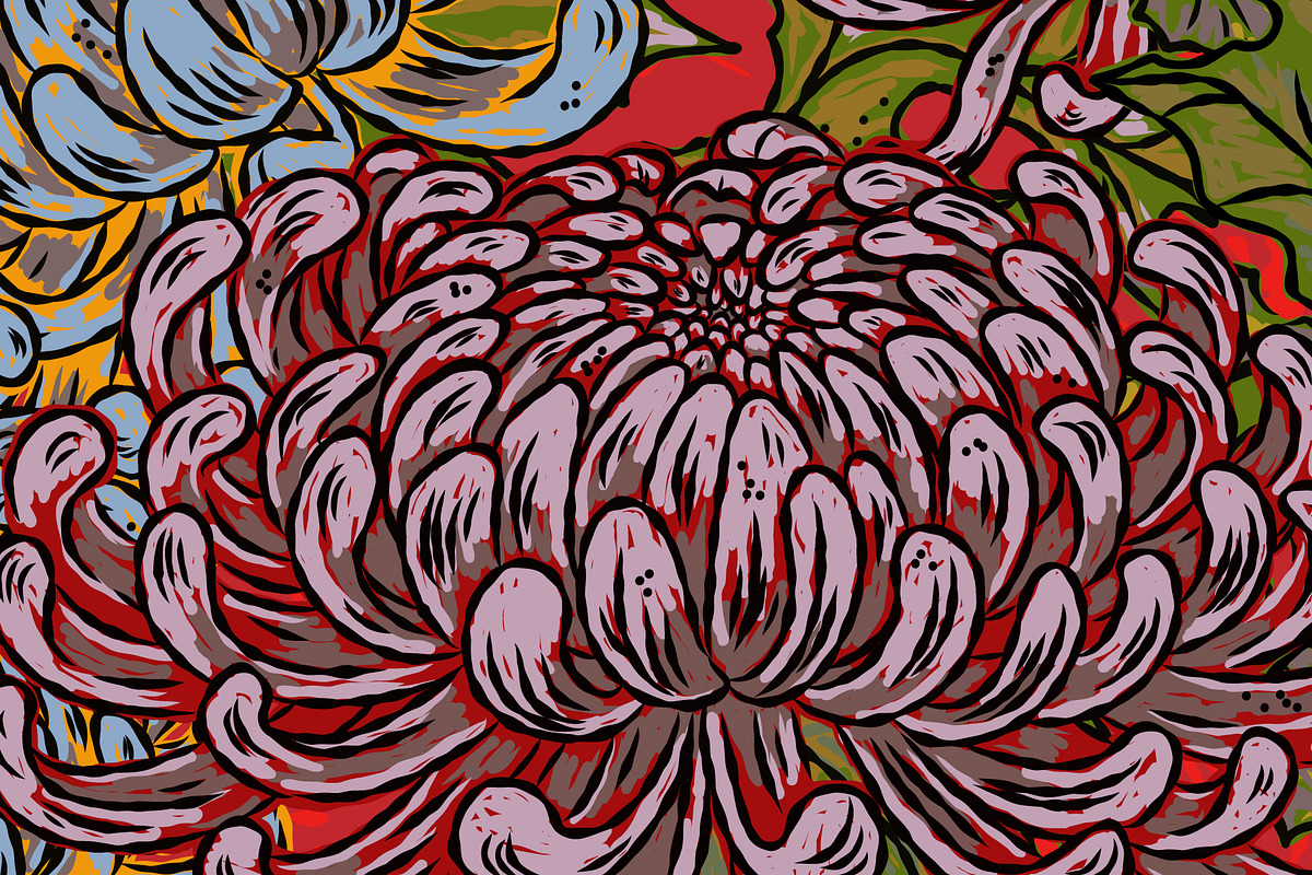 maximalist chrysanthemum botanical, a Pattern Graphic by NayaChu (Photo 9 of 9)
