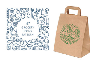 Grocery Icons, Patterns And Borders