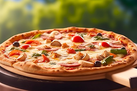 Pizza capricciosa homemade outdoors in the garden, online delive, a Photo by Anneleven