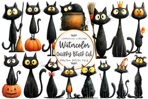 Quirky Halloween Black Cat Clipart, an Illustration by OK Design