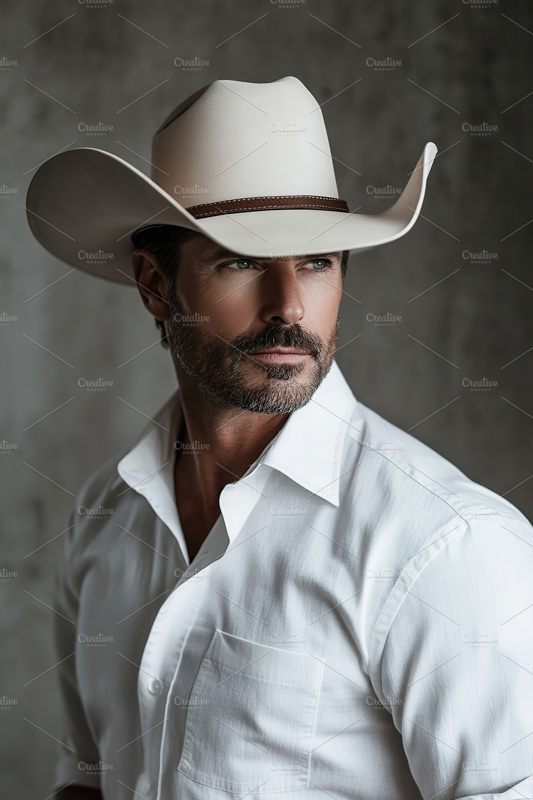 Cowboy in white shirt and hat poses confidently against a textured background, a Person Photo by AlyaAnd