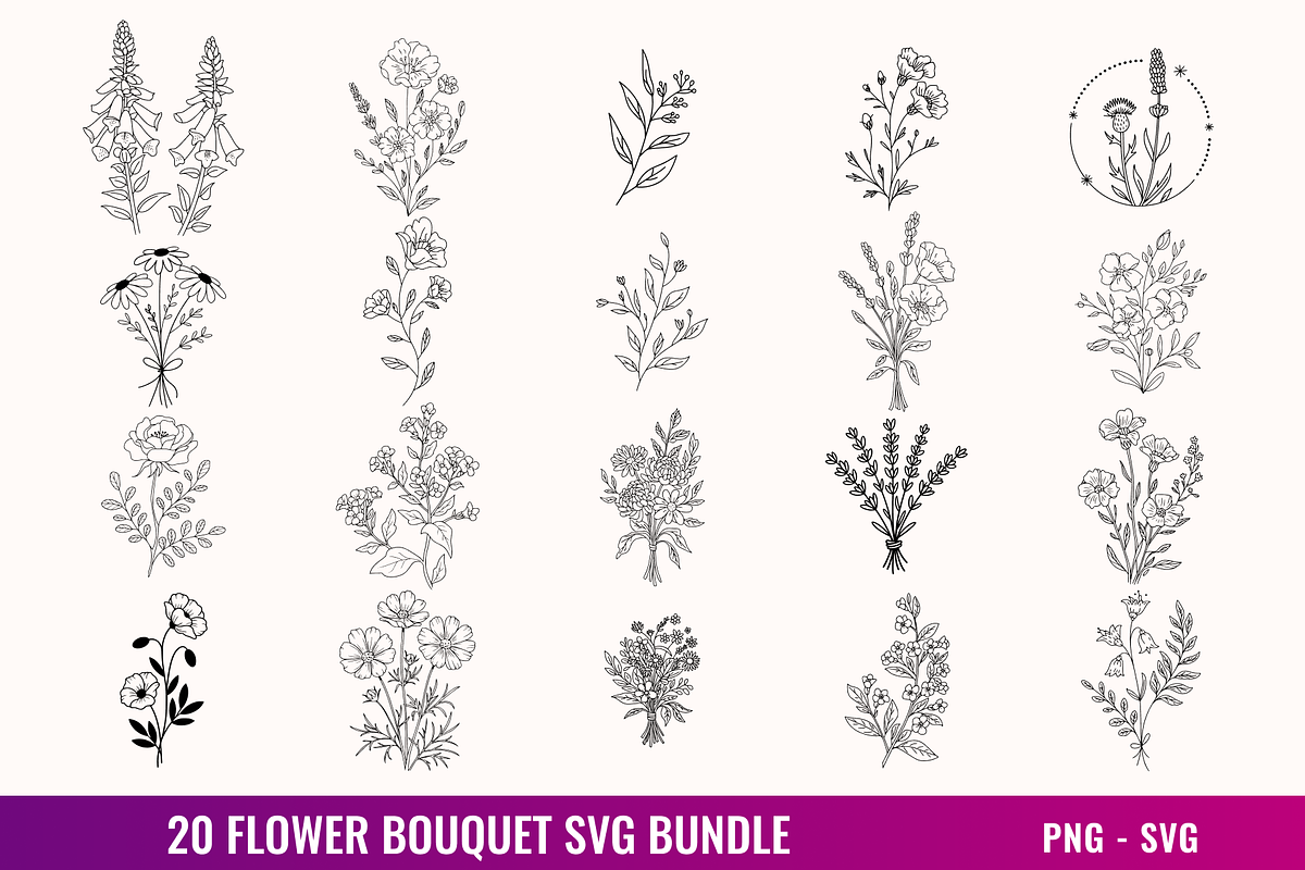 20 Hand Drawn Flower Bouquet Svg, a Decorative Illustration by BoudaTemplate (Photo 1 of 3)
