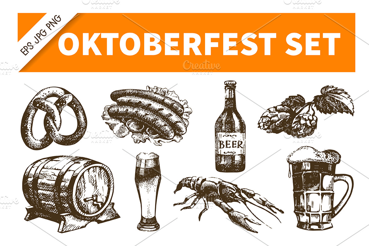 Oktoberfest Hand Drawn Beer Set, an Illustration by Elena Pimonova