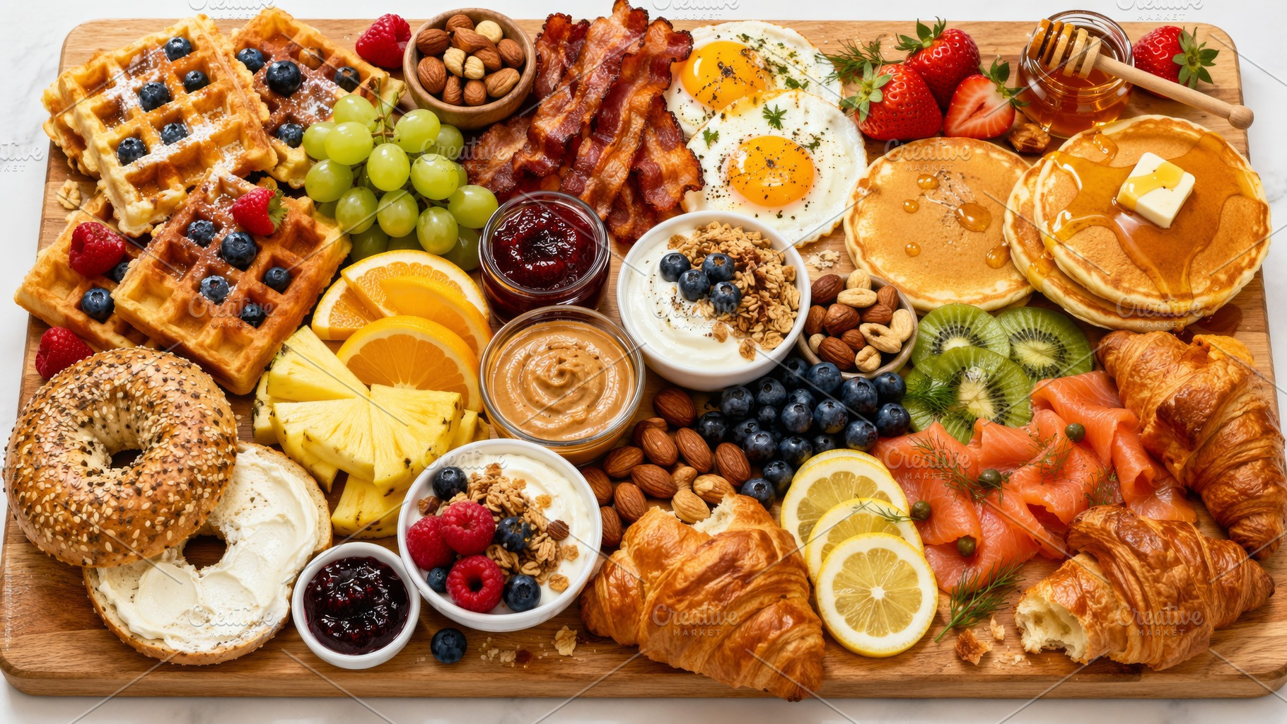 Breakfast grazing board with assorte, a Photo by Dvoevnore photos