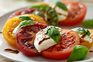 Fresh caprese salad featuring heirloom tomatoes and basil with creamy mozzarell, a Food & Drink Photo by AlyaAnd