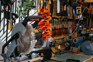 Workshop tools wall carpentry equipment collection, an Industrial Photo by Photo Drive Studio