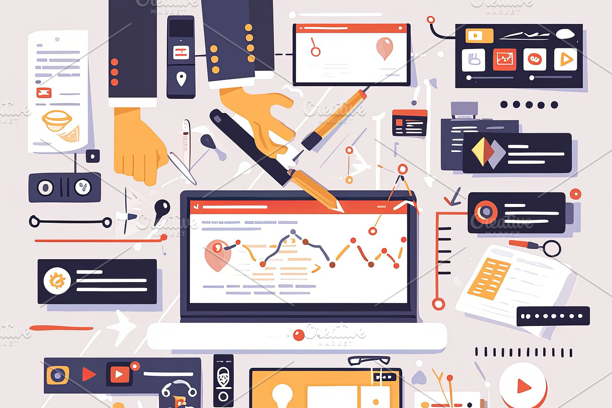 Illustration showcasing digital content creation tools and analytics for online, an Illustration by AS photostudio