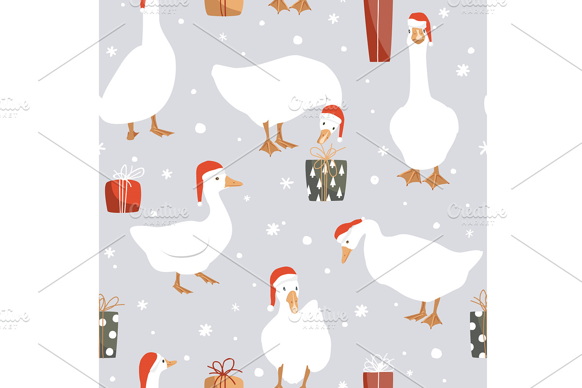 Geese in Santa Claus helper hats, an Animal Illustration by Toltemara