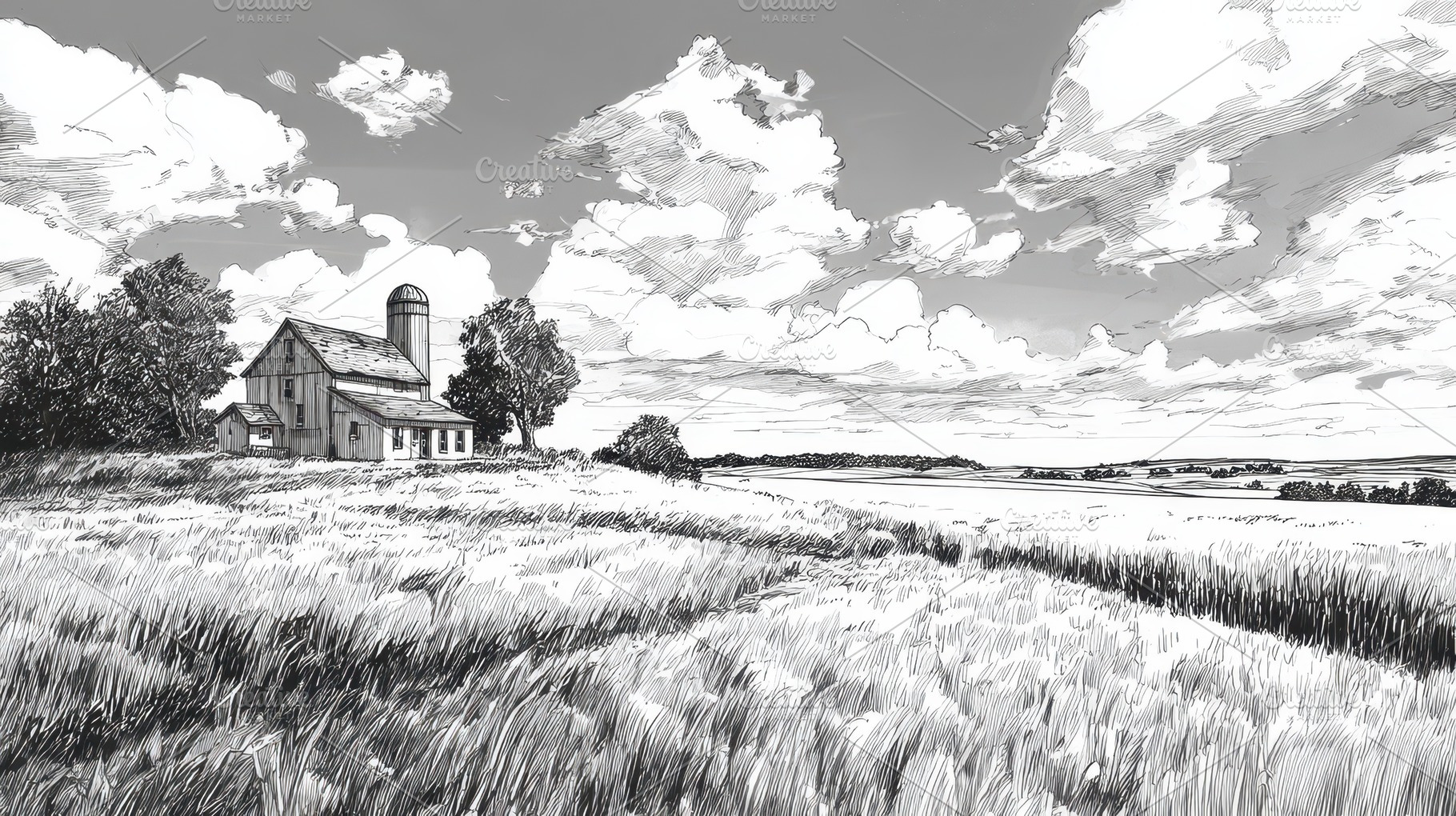 Farm landscape with a house and tree, a Photo by Pavel_design