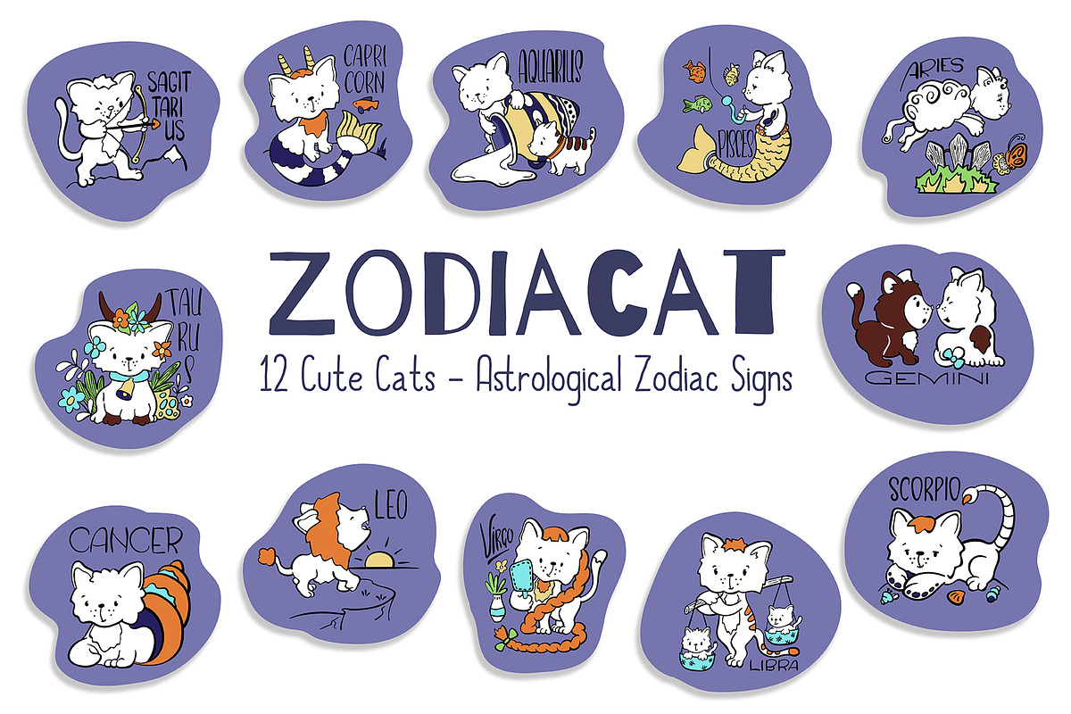 Zodiac Sign Cute Cat Vector Stickers, an Animal Illustration by RabbitAndPencil (Photo 1 of 3)